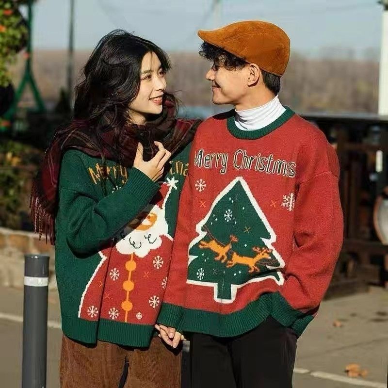 Weihnachtspullover für Männer und Frauen, Paar-Outfit, vielseitig für Herbst und Winter, locker sitzender Pullover für draußen_voghion.com