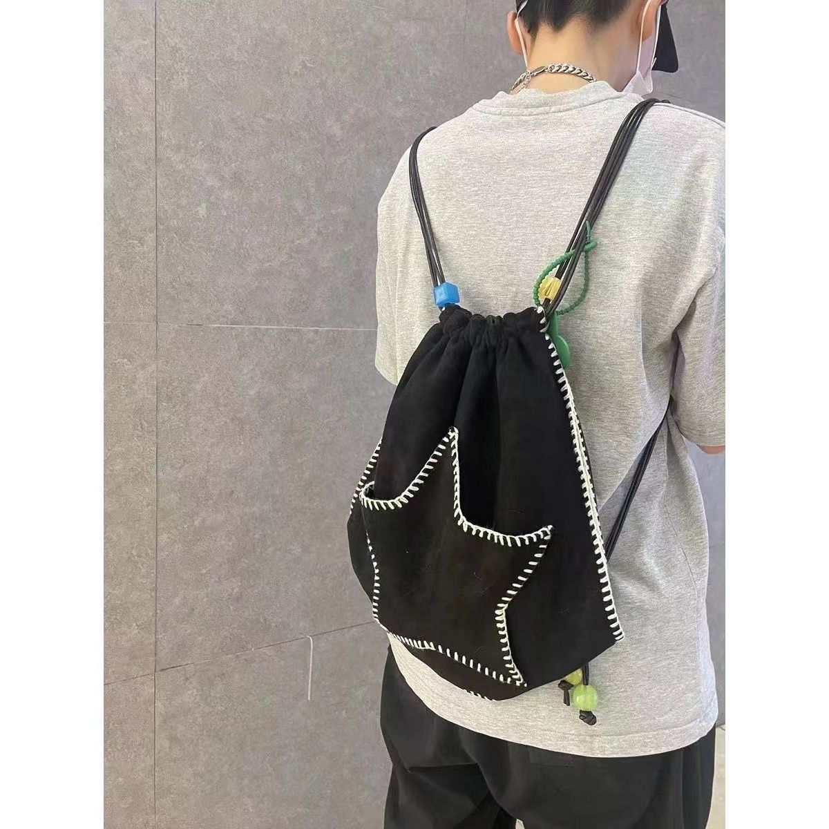  New Niche Black Star Drawstring Backpack Messenger Bag Various Carrying Methods