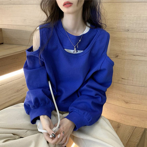 Spring and autumn sweater women's fat mm large size Korean version loose design sense Klein blue strapless long-sleeved top 200 catties tide