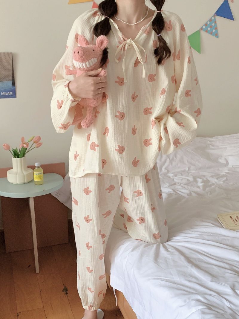 Gentle baby cotton feeling round neck pajamas women's high-end sense spring and autumn long-sleeved sweet girl home clothes suit for outerwear