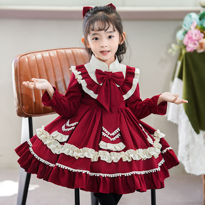 公主裙女童秋冬加絨2022新款洋氣兒童紅色周歲禮服女寶寶洛麗塔裙