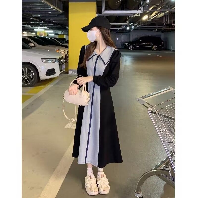 Large size polo dress women's spring and autumn fat MM slim design mid-length waist waist a-line long skirt 200 catties