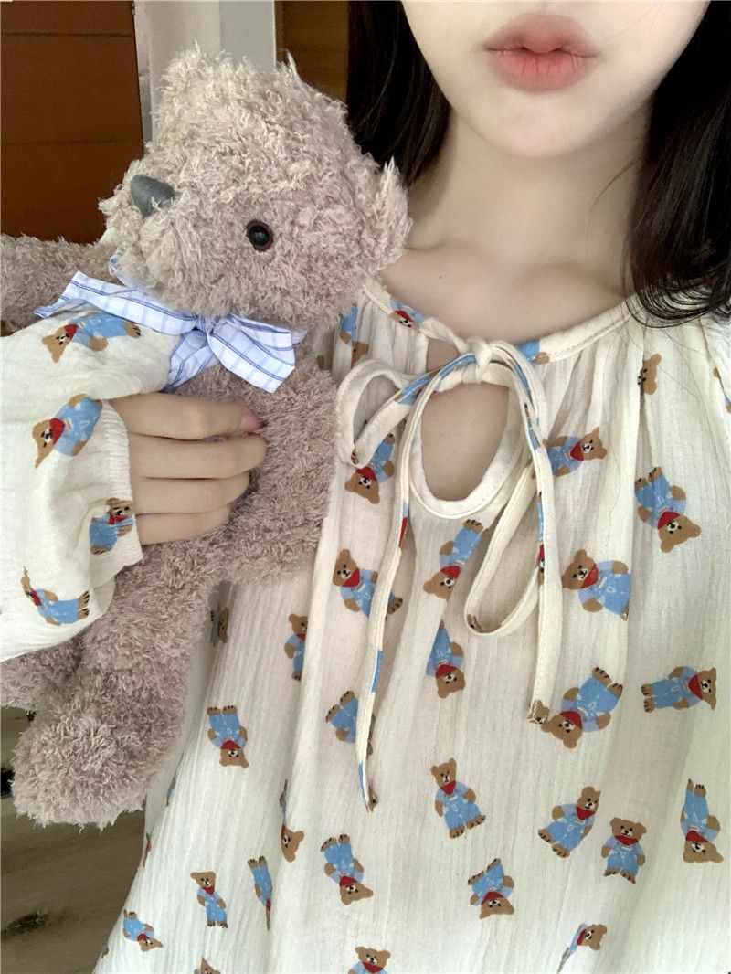  spring new Korean style sweet age-reducing bear print pullover dress mid-length loose nightdress for women