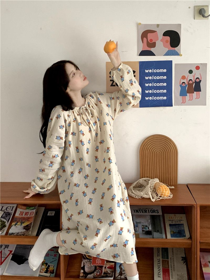  spring new Korean style sweet age-reducing bear print pullover dress mid-length loose nightdress for women