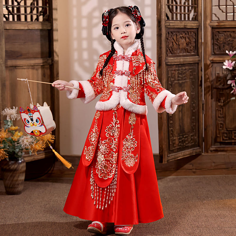 漢服女童秋冬款中國風古裝冬季加絨兒童裝唐裝拜年服女孩加厚冬裝