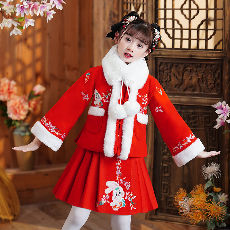 拜年服女童漢服冬款兒童女寶寶過年服小女孩古裝新年衣服唐裝冬季