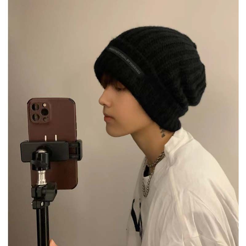 Hat men's autumn and winter trendy woolen hat men's warm all-match cold hat loose big head circumference face small knitted hat men
