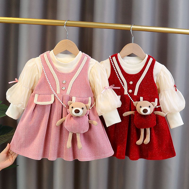 2023女宝宝冬款加绒公主裙生日红裙女童连衣裙两件套婴幼儿套装潮
