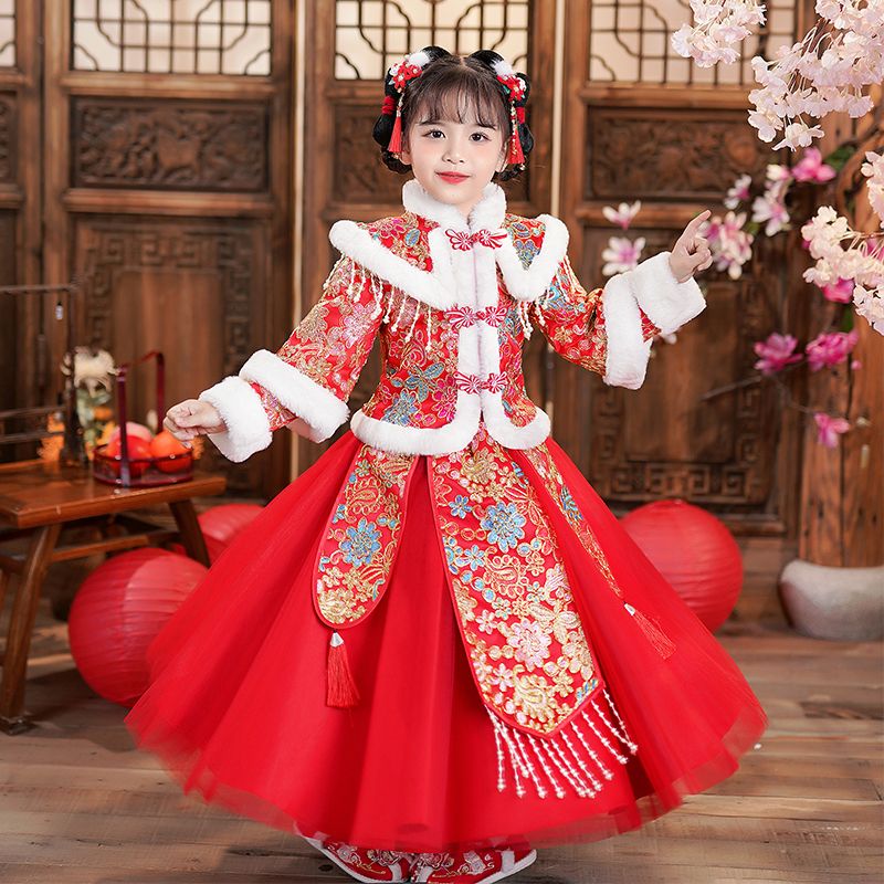 漢服女童冬款加厚高端兒童唐裝紅色過年中國風女寶喜慶拜年服冬季