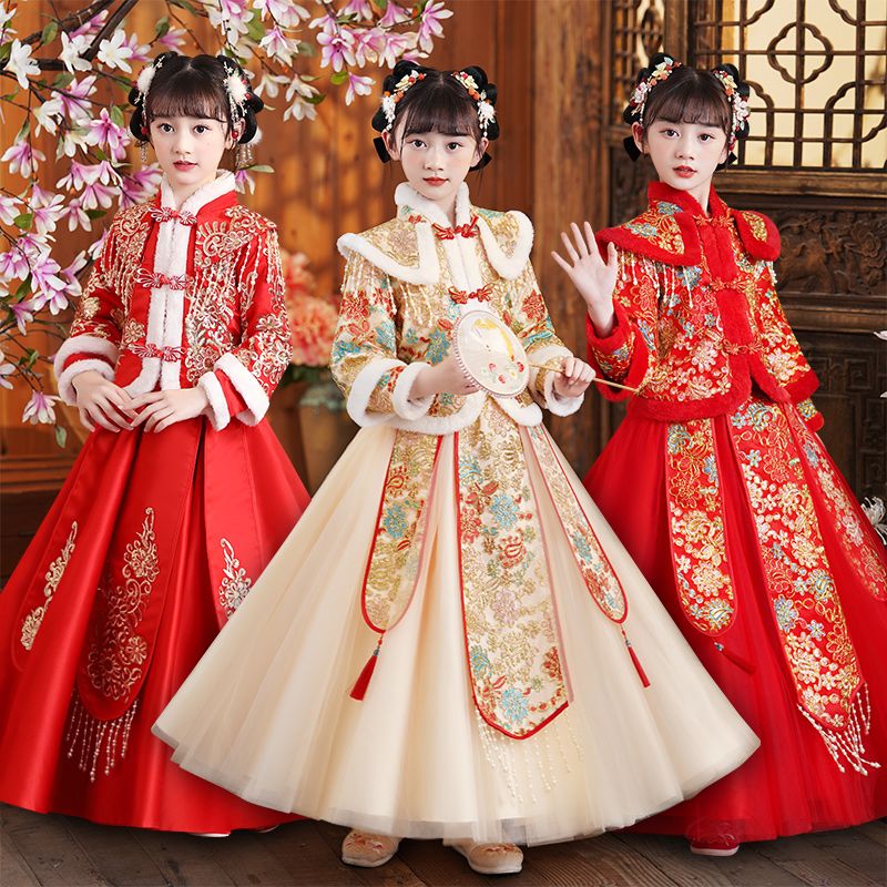 漢服女童喜慶拜年服冬季兒童中國風古裝女孩新年唐裝連衣裙加厚