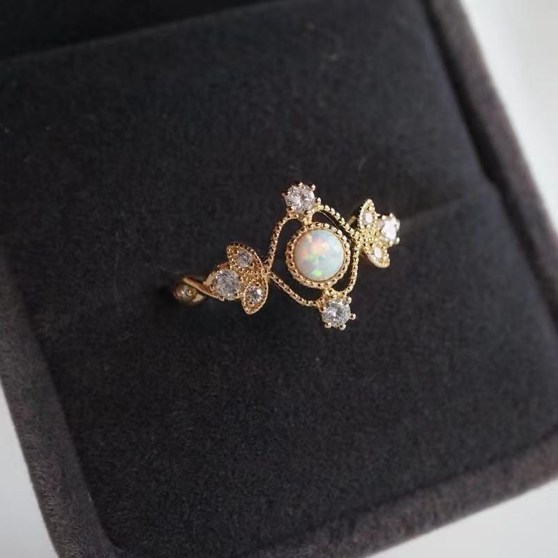 Vintage Floral Opal Open Ring Sterling Silver Designer Ring_voghion.com