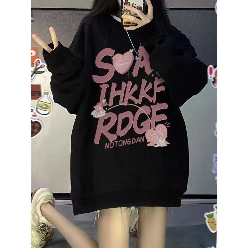加絨加厚圓領衛衣女秋冬新款寬鬆oversize慵懶風ins外套潮上衣服