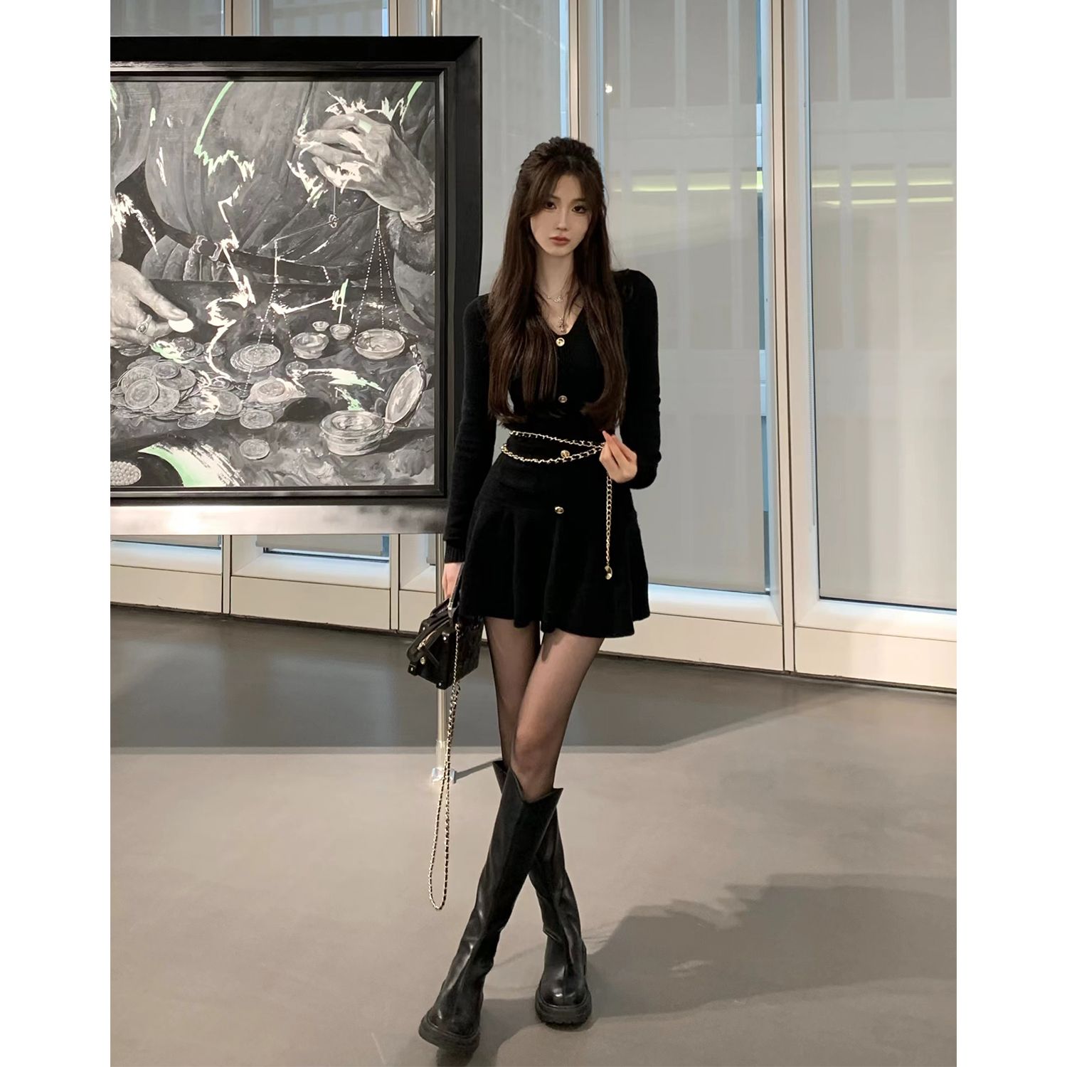 JMSHOP What to use to resist Yujie Design sense long-sleeved pure desire knitted dress sexy short sweater dress