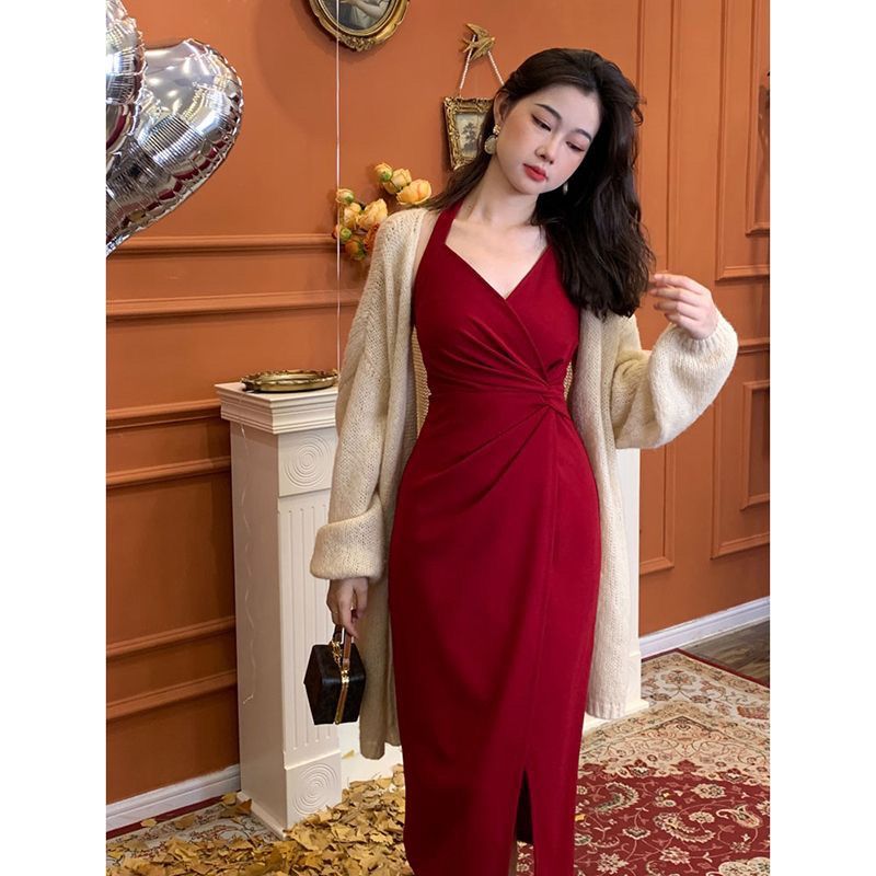 French retro hanging neck dress plus size women's clothing autumn and winter suit female  new knitted sweater two-piece set
