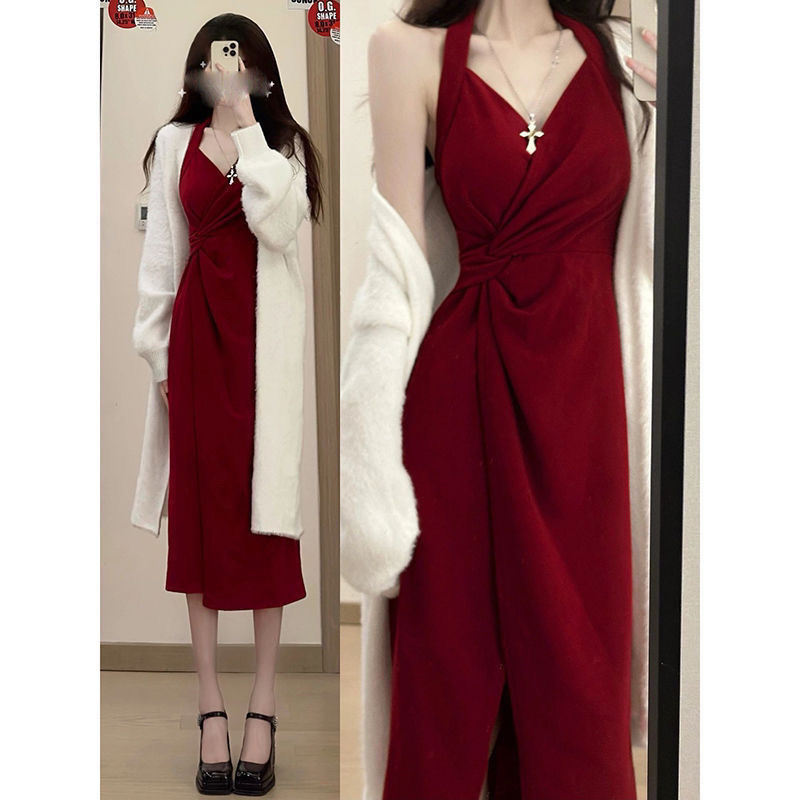 Two-piece suit 2022 autumn and winter mid-length soft waxy knitted cardigan + high-end French red suspender dress