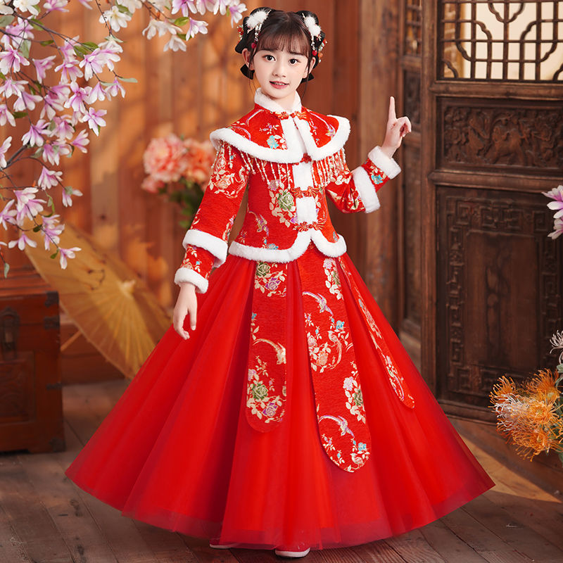 拜年服女童漢服冬款兒童中國風過年服新年裙子古裝小女孩唐裝冬季