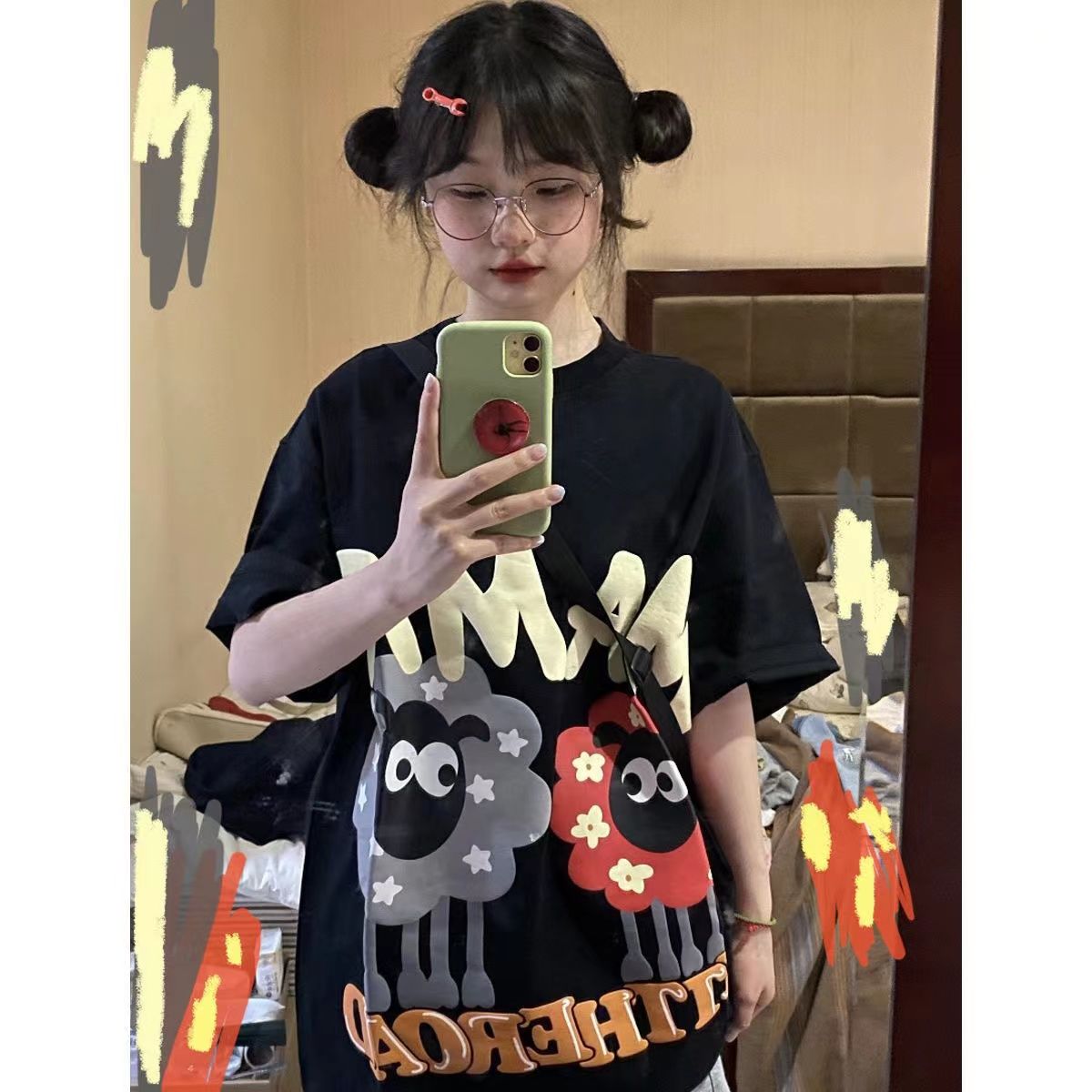 100%純棉小羊印花休閒短袖T恤卡通夏季2022潮牌嘻哈情侶潮上衣
