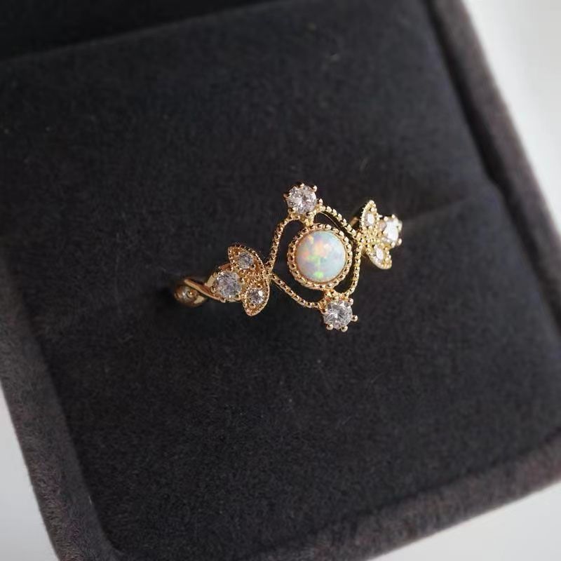Vintage Floral Opal Open Ring Sterling Silver Designer Ring_voghion.com