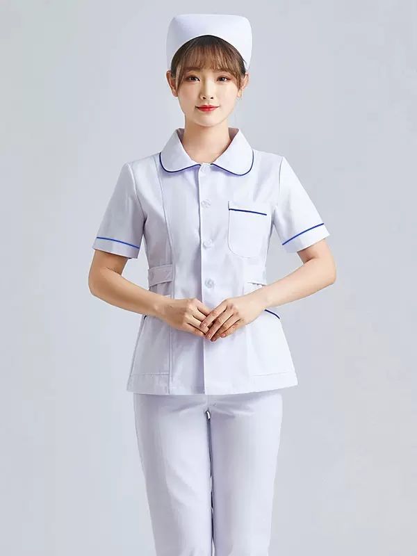 护士服蓝边长袖女夏分体短袖圆领薄全套分体套装口腔牙科工作服