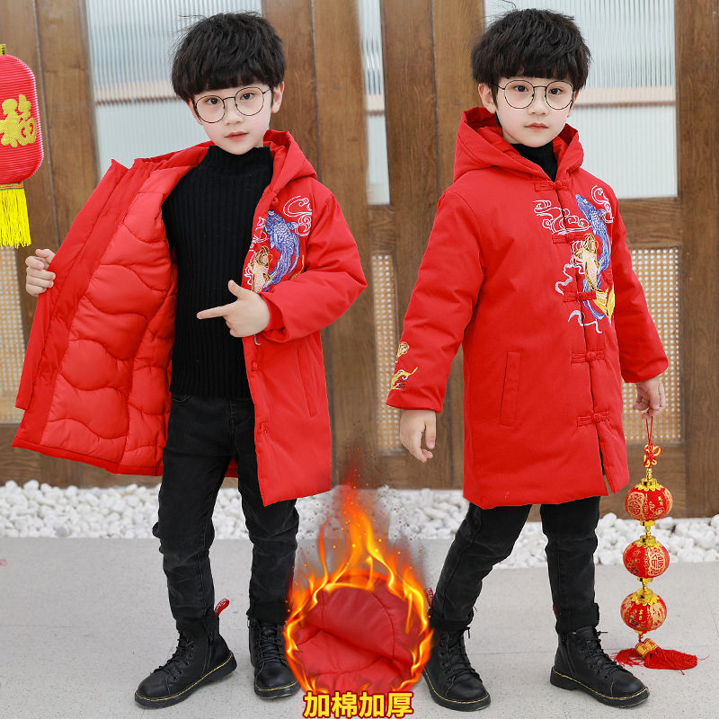 男童冬季中長款紅色棉襖中國風唐裝漢服6新年拜年服7兒童加厚棉服