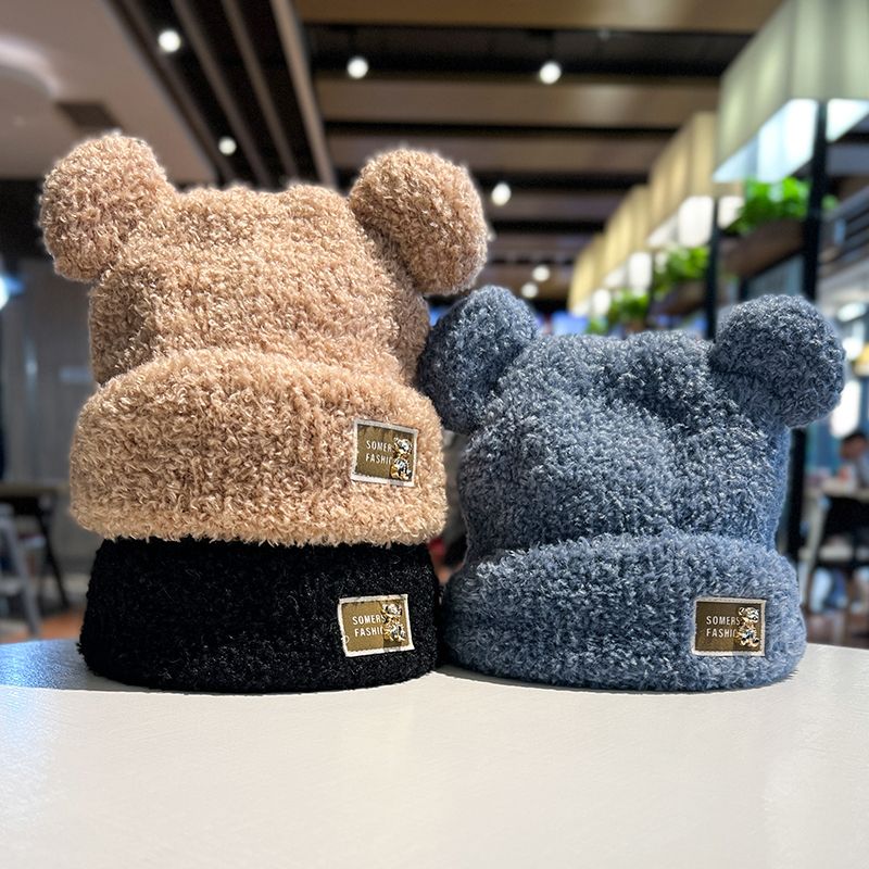 Korean version of the metal bear plush hat female cute ears autumn and winter thickened soft waxy warm cold ear protection cold hat
