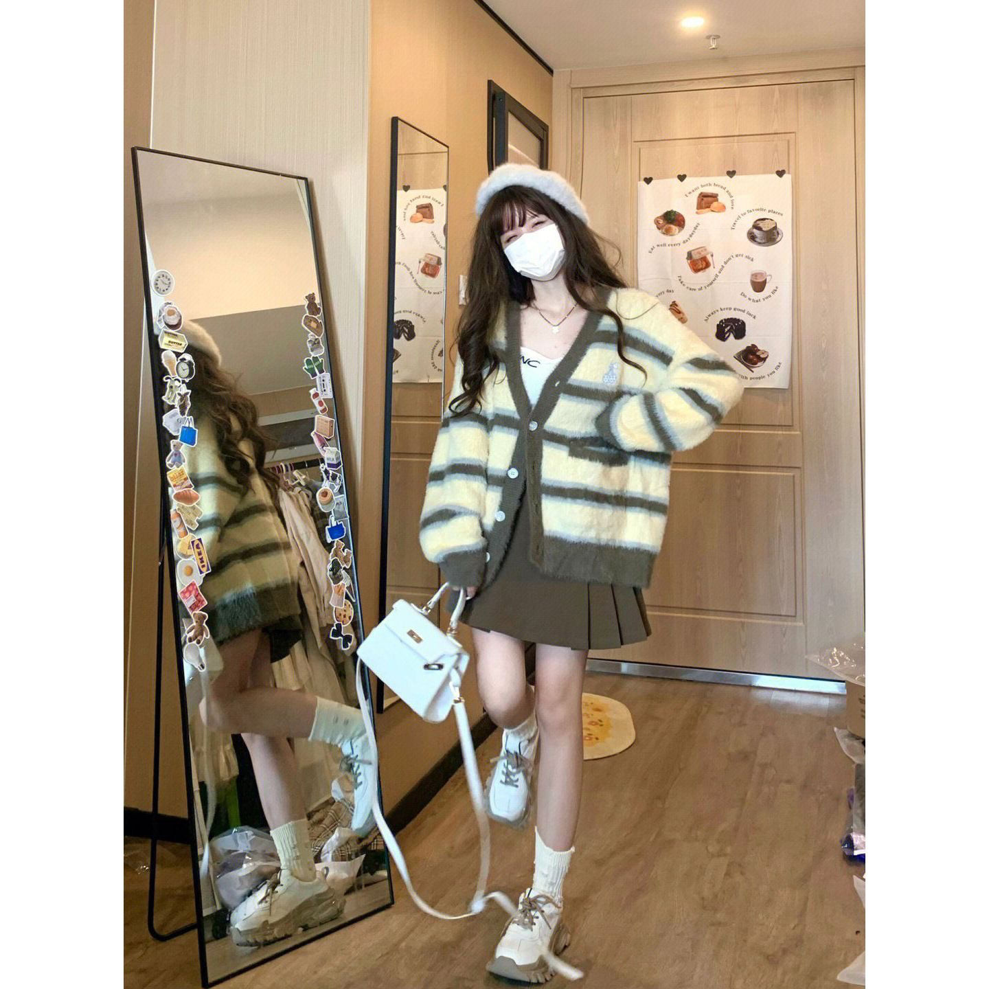 日系仿貂毛條紋開衫外套女裝秋冬慵懶風軟糯糯韓系溫柔系穿搭毛衣