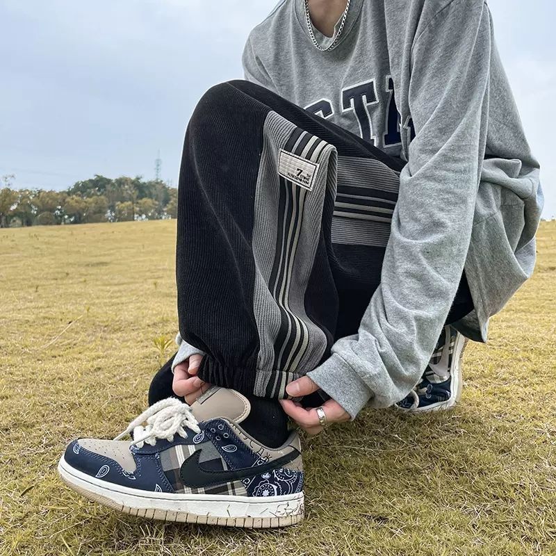 Corduroy pants trendy ins Hong Kong style men's autumn and winter fat big size American style side stripes beam feet sports pants