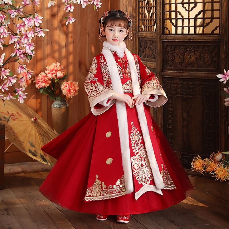 女童漢服冬裝兒童新年喜慶拜年服女孩秋冬加絨唐裝冬季洋氣連衣裙