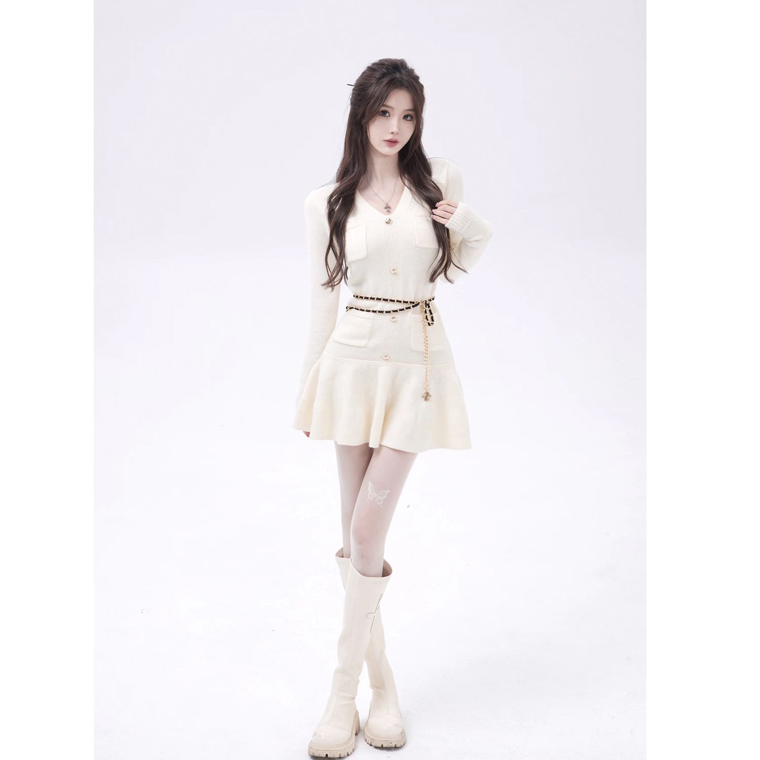 JMSHOP What to use to resist Yujie Design sense long-sleeved pure desire knitted dress sexy short sweater dress