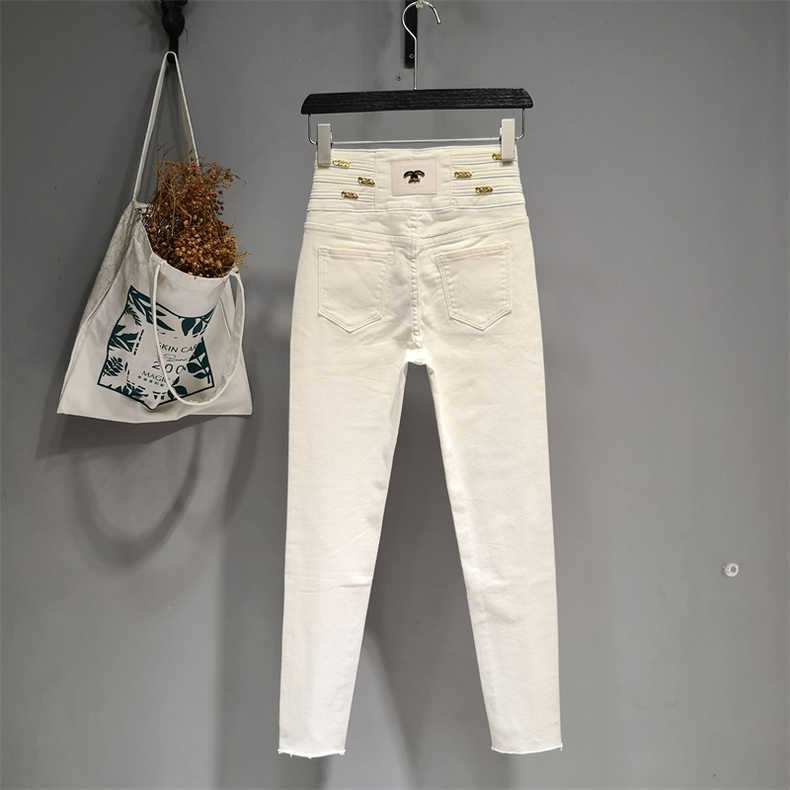 Four buttons high waist handmade metal chain slim elastic pencil pants 2023 winter thin velvet women's pencil pants