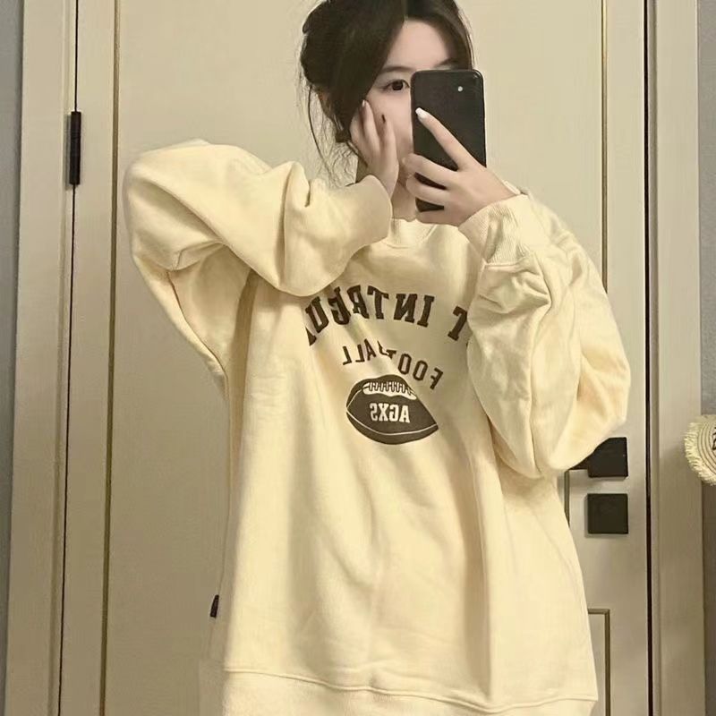 杏色衛衣女學生寬鬆潮ins慵懶風奶fufu秋冬加絨圓領長袖上衣服ins
