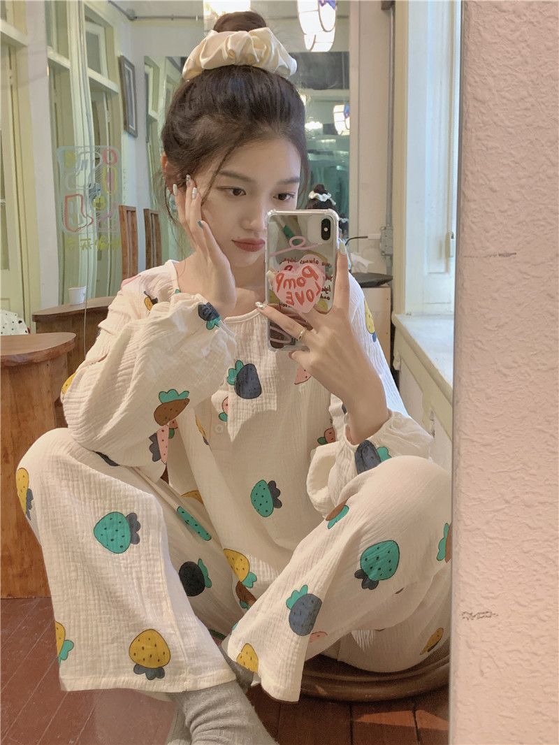 Baby cotton pajamas women's spring and autumn new long-sleeved ins style sweet and cute printed loose home service suit
