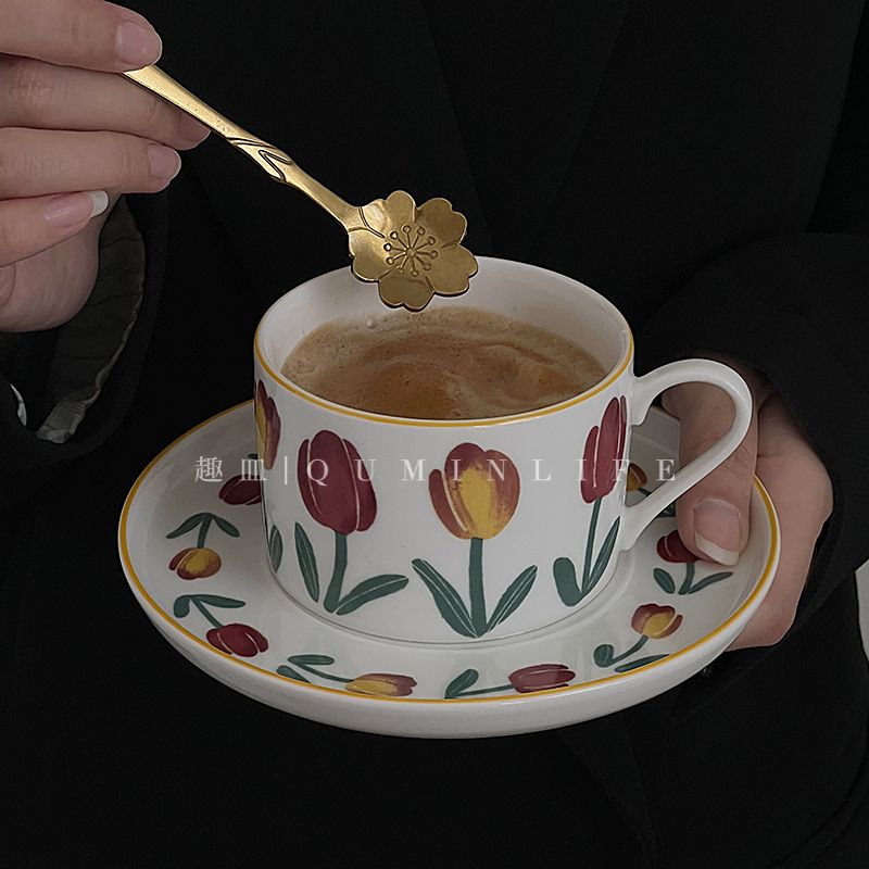 (送勺)复古郁金香咖啡杯碟套装高颜值家用下午茶杯子陶瓷杯甜点杯