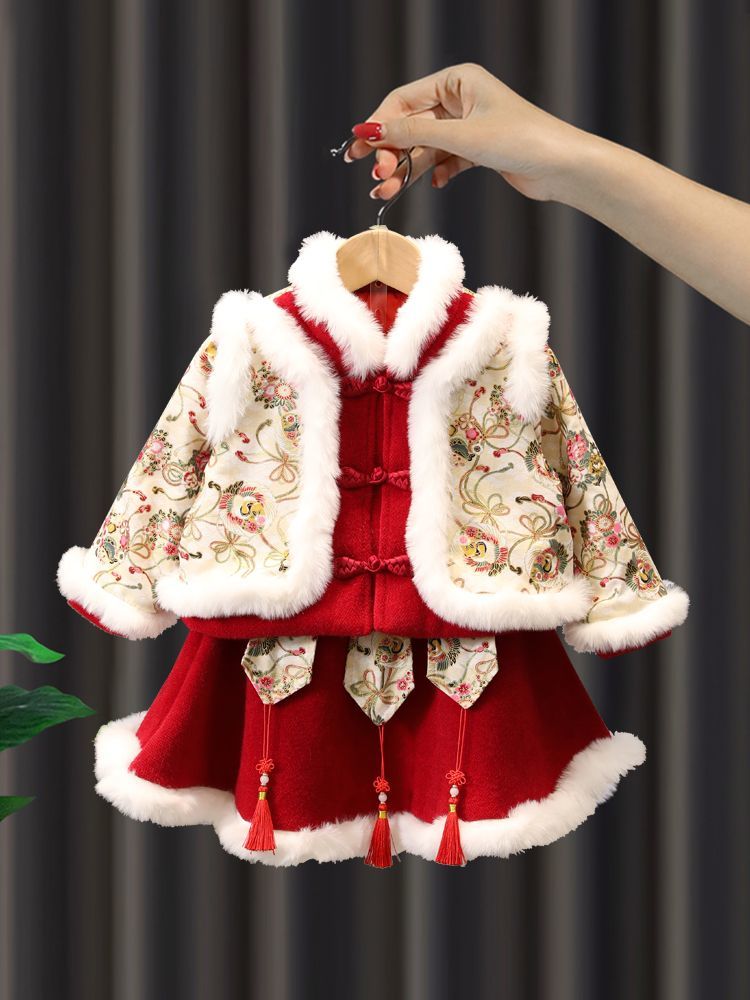兔年漢服拜年服女童冬季加絨套裝兒童中國風古裝唐裝過年衣服寶寶