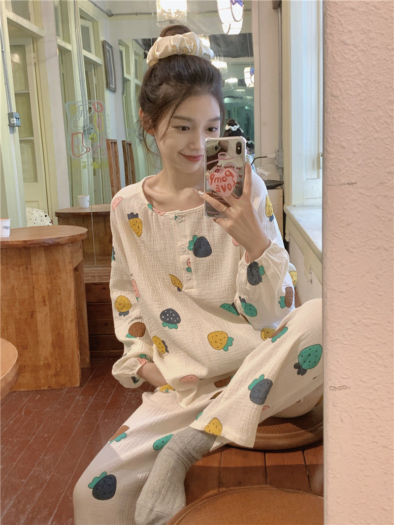 Baby cotton pajamas women's spring and autumn new long-sleeved ins style sweet and cute printed loose home service suit