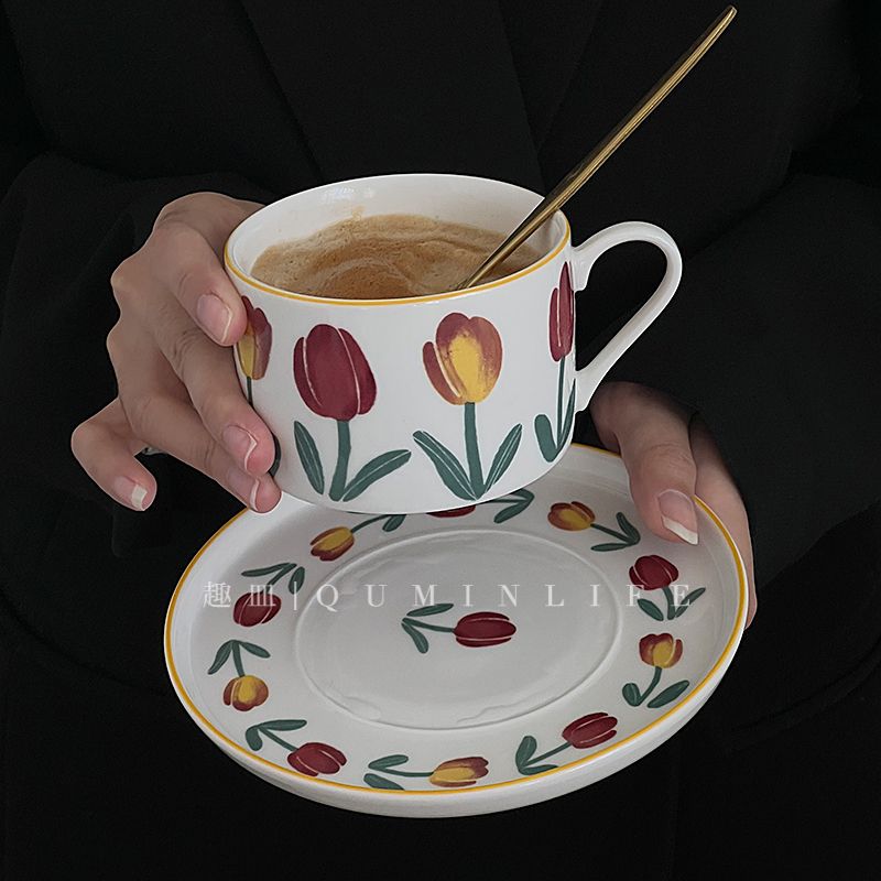 (送勺)复古郁金香咖啡杯碟套装高颜值家用下午茶杯子陶瓷杯甜点杯
