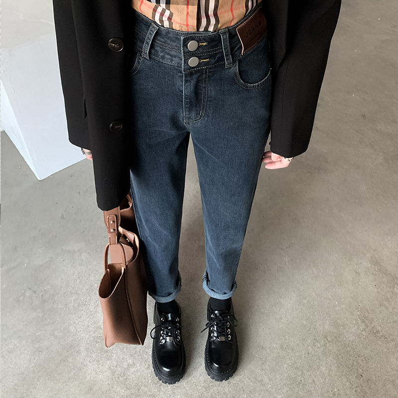 Black high-waisted harem jeans women's nine-point autumn and winter 2022 outerwear plus velvet thickened small feet radish daddy pants