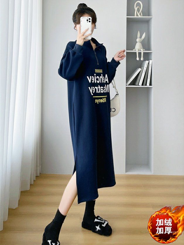 Zipper stand collar long thin velvet sweater dress fat MM extra large size 300 catties spring and autumn cover meat warm zipper dress