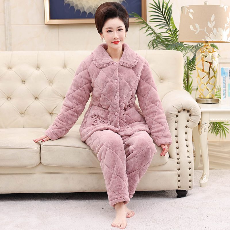 Geqianya pajamas women's winter coral velvet jacket plus velvet three-layer thickened mother's home clothes winter suit