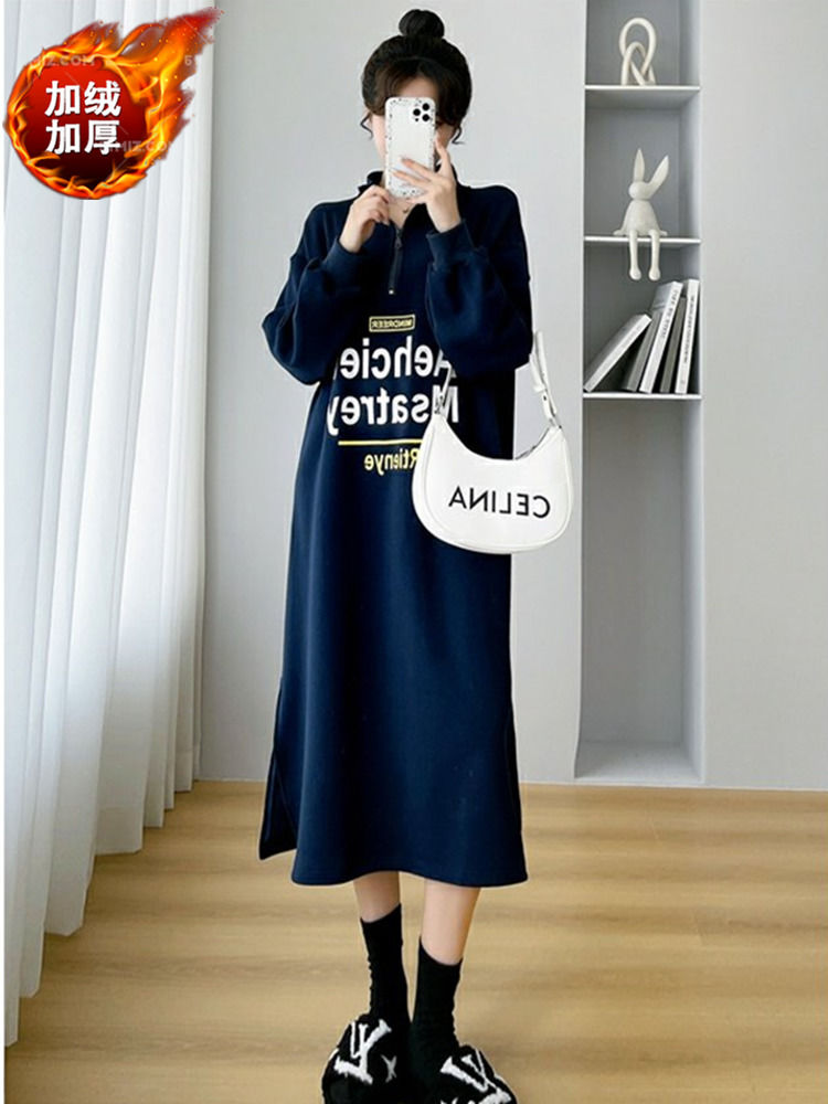 Zipper stand collar long thin velvet sweater dress fat MM extra large size 300 catties spring and autumn cover meat warm zipper dress