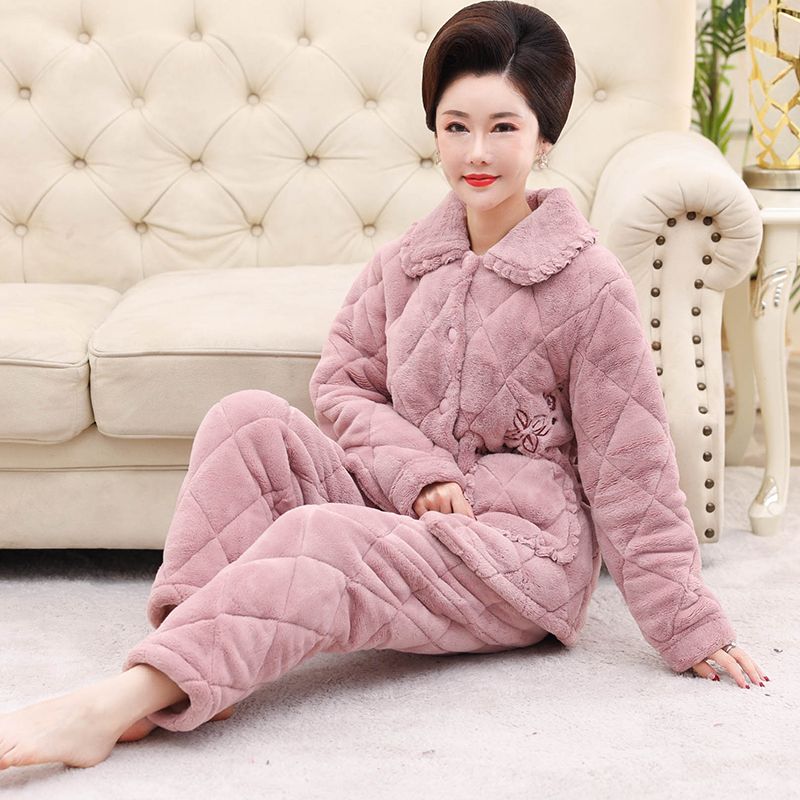 Geqianya pajamas women's winter coral velvet jacket plus velvet three-layer thickened mother's home clothes winter suit