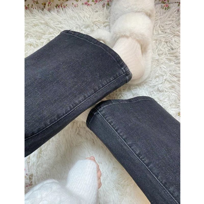 Retro black gray three-button high-waist flared jeans women's spring and autumn  new niche design slim horseshoe pants
