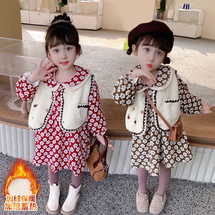 Baby girl spring and autumn fashion suit children's long-sleeved floral dress children's vest wool sweater girls fashion