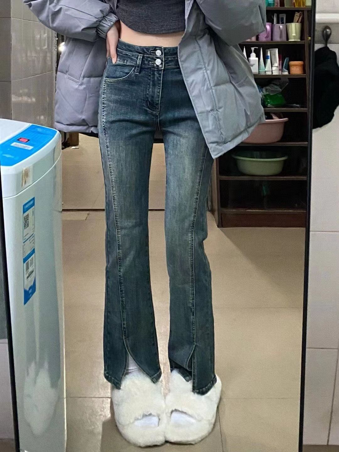 復古藍彈力開叉微喇牛仔褲女秋冬季新款韓版高腰顯瘦直筒喇叭褲潮