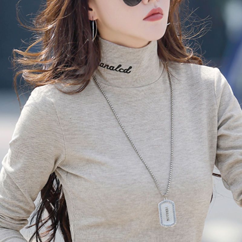 Autumn and winter letters embroidered warm bottoming shirt women's new slim slim high-necked long-sleeved T-shirt with niche tops