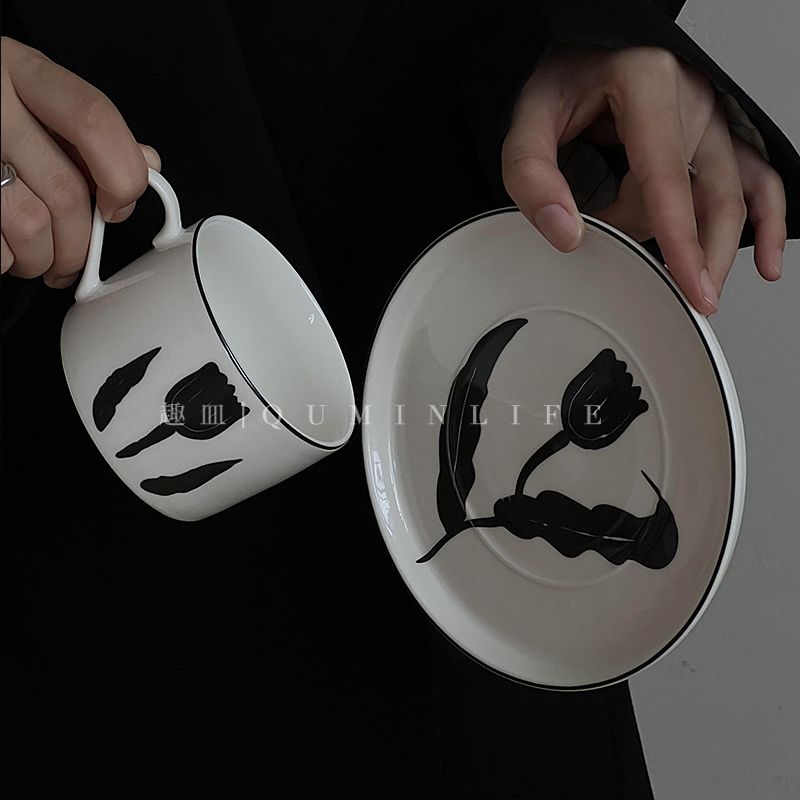 (送勺)芬兰同款复古手绘花朵陶瓷马克杯咖啡杯套装牛奶杯子早餐盘