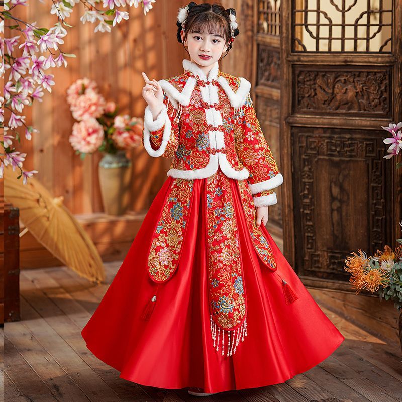 漢服女童冬裝2022新款兒童冬季拜年服女孩唐裝秋冬款古裝古風裙子