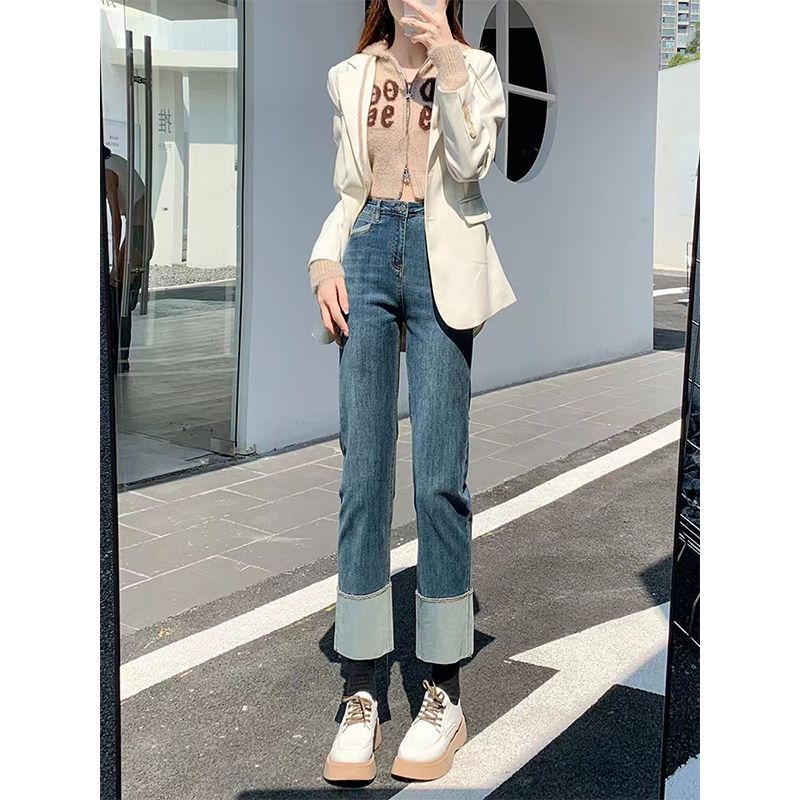 YSYOURS復古拼接直筒牛仔褲女春秋季彈力高腰顯瘦卷邊九分煙管褲