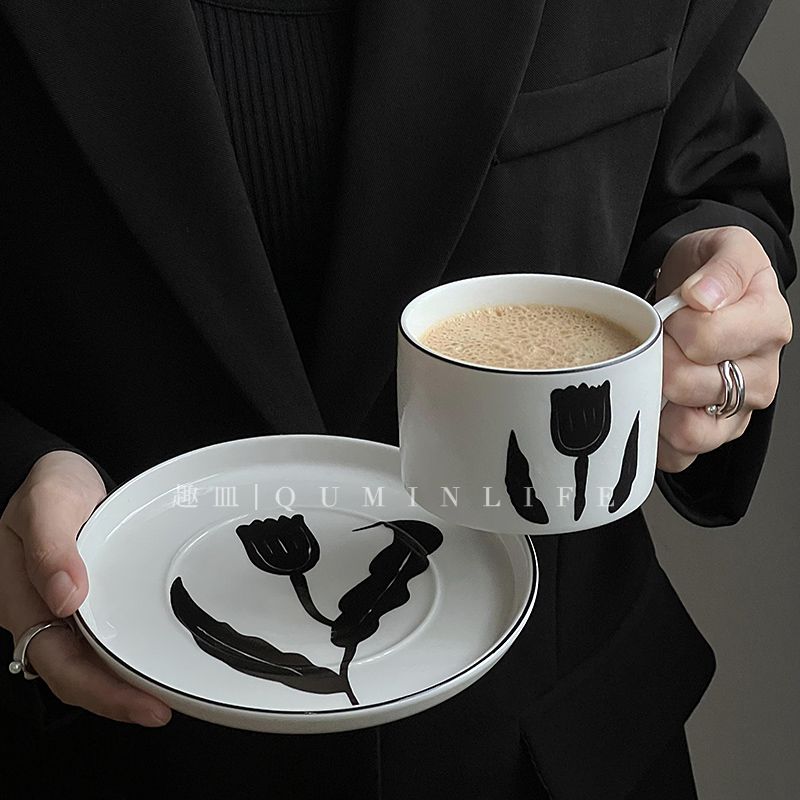 (送勺)芬兰同款复古手绘花朵陶瓷马克杯咖啡杯套装牛奶杯子早餐盘
