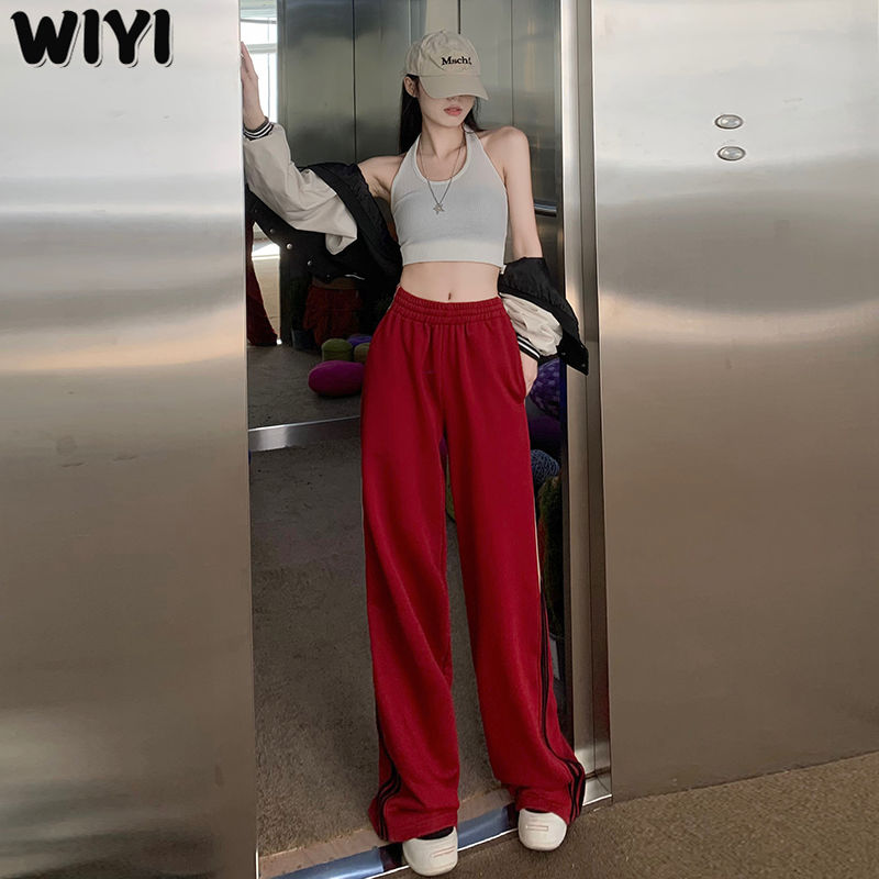 WIYI 美式復古高街紅色運動休閒褲撞色條紋直筒寬鬆闊腿拖地褲子